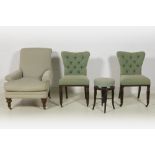 antique English armchair, two chairs and a piano stool bought from A. Vervoordt || Lot (4) van een