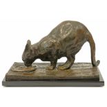 François Pompon posthumous cast "Drinking cat" sculpture in bronze on a marble base - with signature