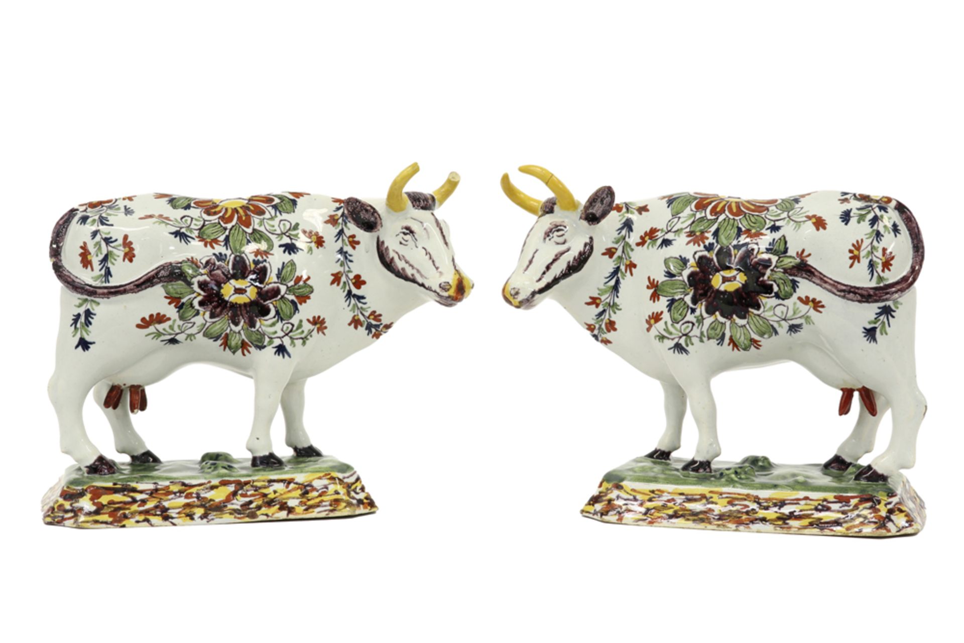 pair of 18th Cent. Delft polychrome ceramic "Cows" marked "De Lampetkan" || Paar achttiende