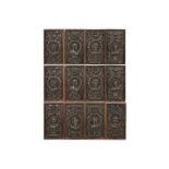 antique set of twelve Renaissance style bas reliefs in wood, each with a different figure || Reeks