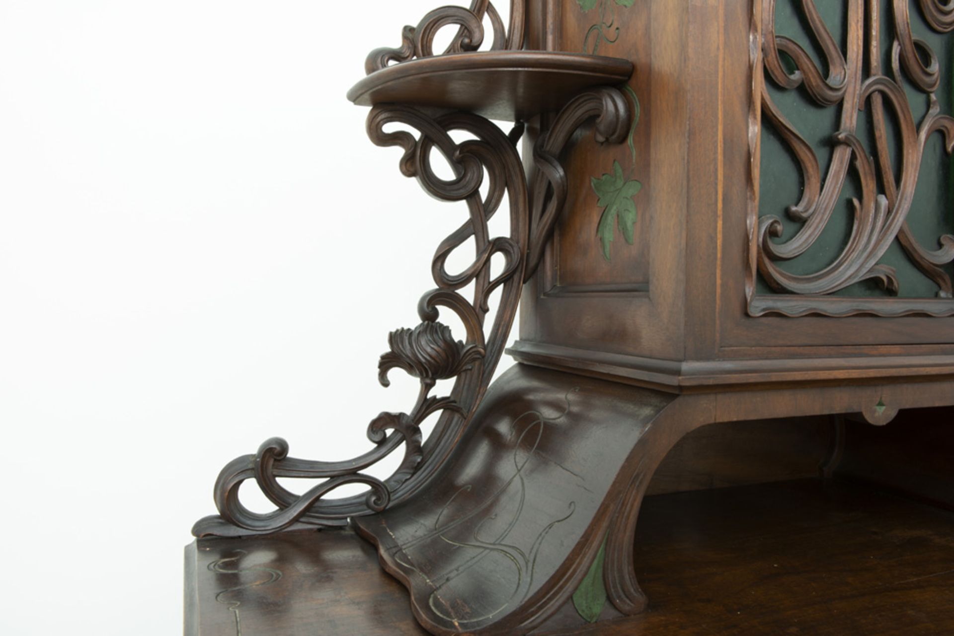 French Art Nouveau display cabinet in walnut with four doors, open compartments and whatnots, - Image 5 of 6