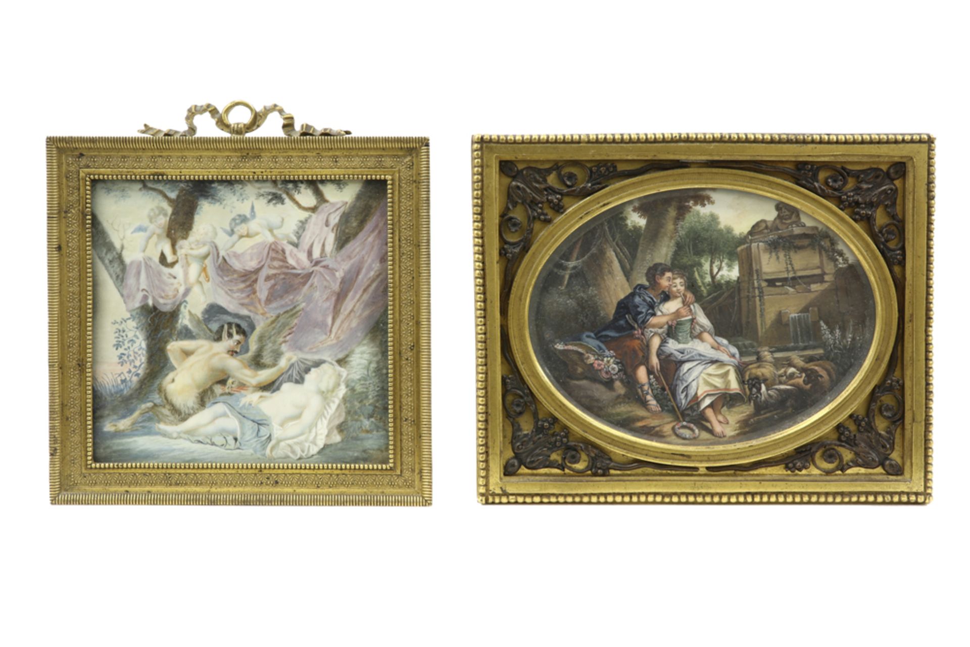 two framed antique miniatures, one with a bucolic theme and one with a couple of figures || Lot