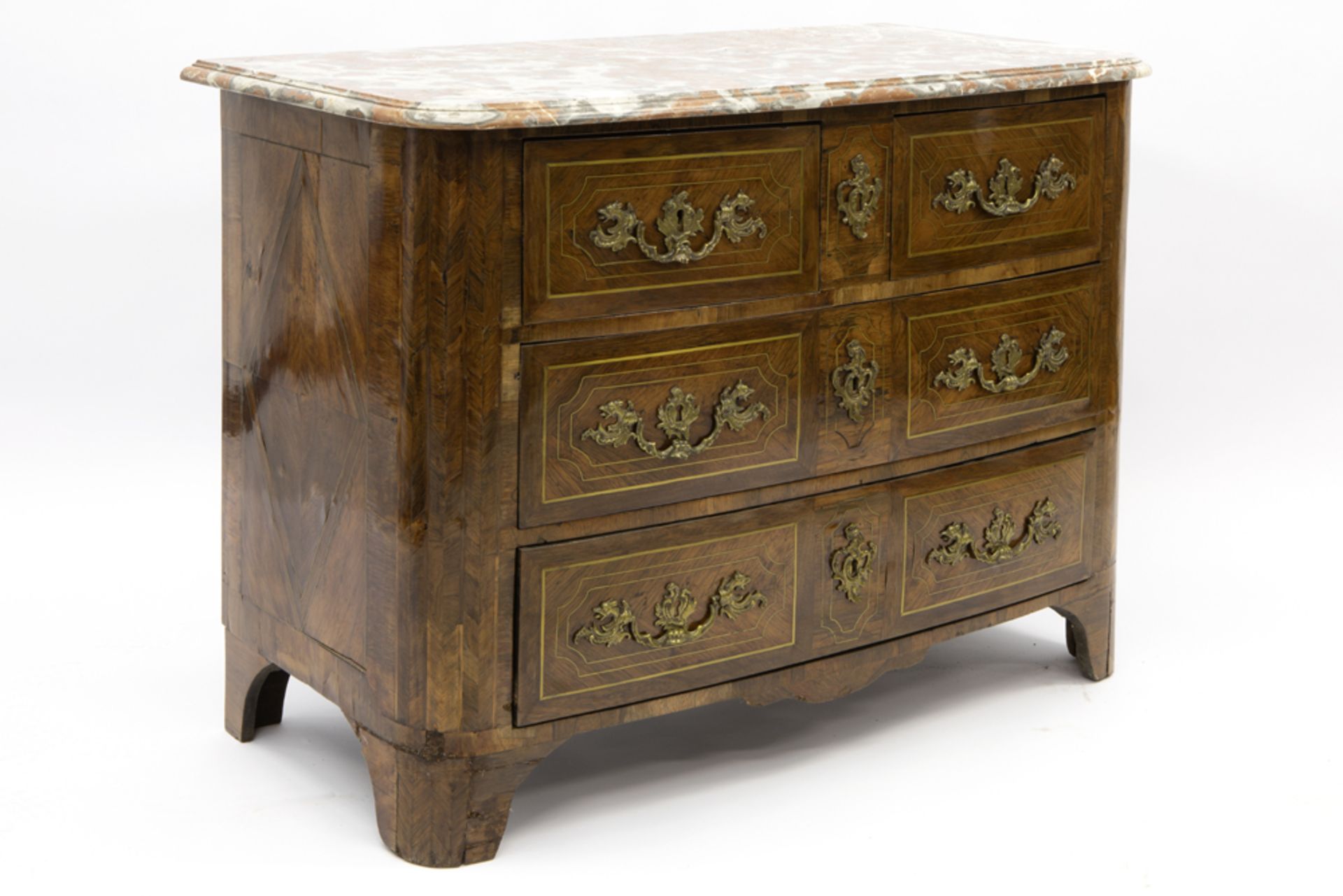 18th Cent. chest of drawers in parquetry with brass inlay, with four drawers with original mountings - Image 4 of 5