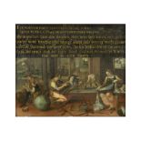 16th Cent. Flemish oil on panel with a scripture in Flemish from Horatius and with a house work