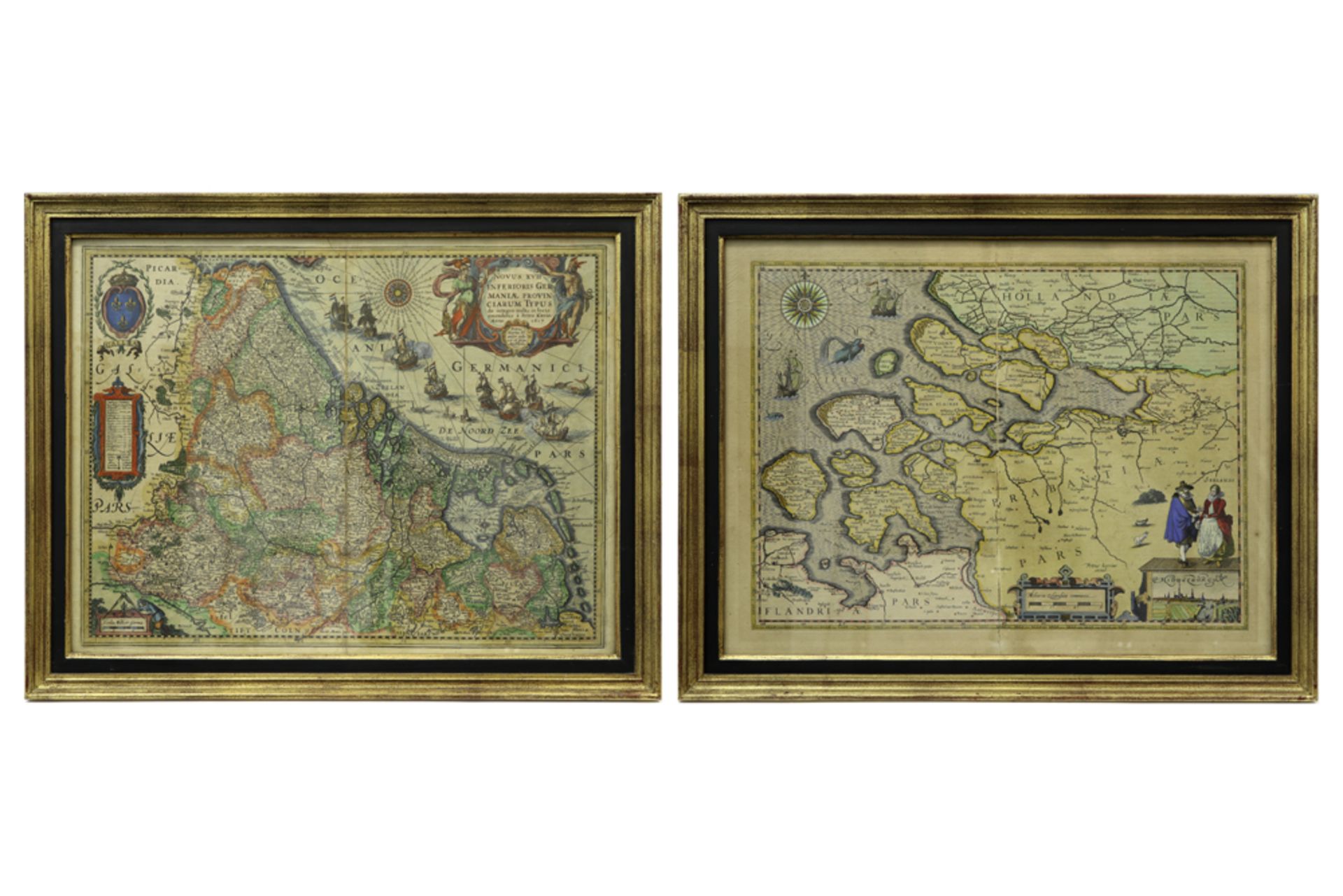 two antique handcoloured engravings || Twee antieke ingekleurde gravures : "Middelburg" en een kaart