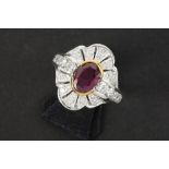 quite exceptional Art Deco style ring in grey gold (18 carat) with a central 1,76 carat Burmese ruby