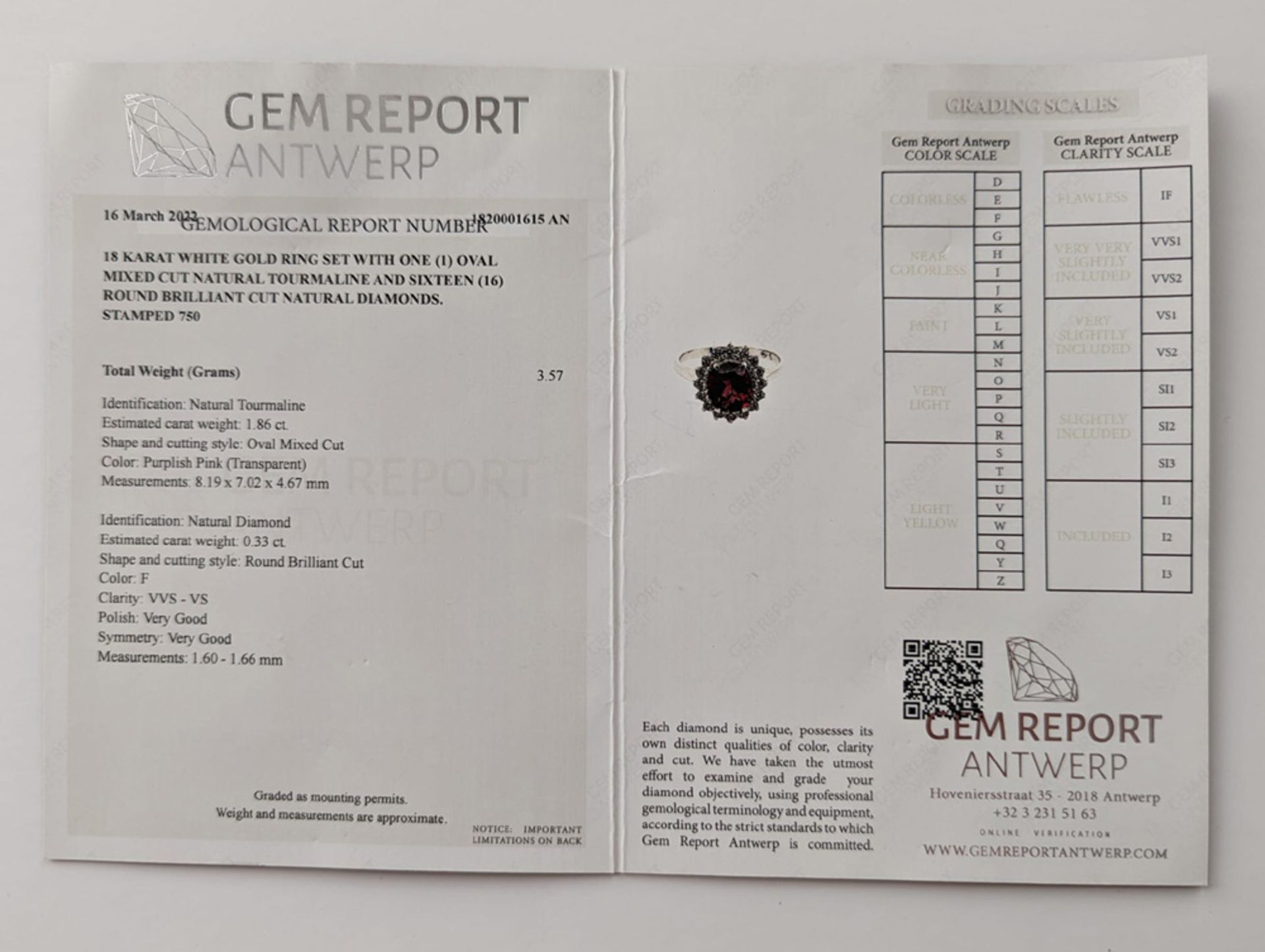 ring in white gold (18 carat) with a 1,86 carat tourmaline with nice natural pink color surrounded - Image 3 of 3