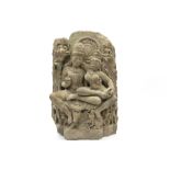 10th/11th Cent. Indian Madhya Pradesh "Shiva and Parvati sitting on Nandi" black stone sculpture (