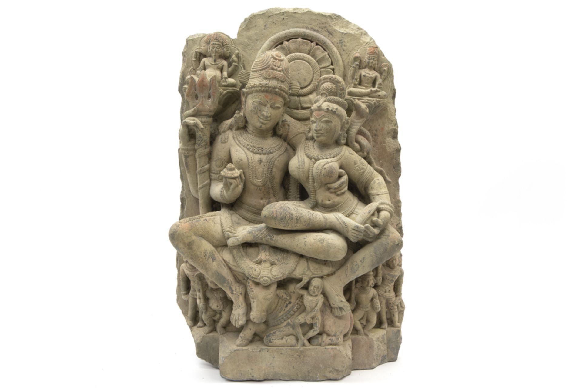 10th/11th Cent. Indian Madhya Pradesh "Shiva and Parvati sitting on Nandi" black stone sculpture (