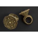 two 'antique' Indonesian Sumatra rings from the Batak with typical design in gilded silver - part of