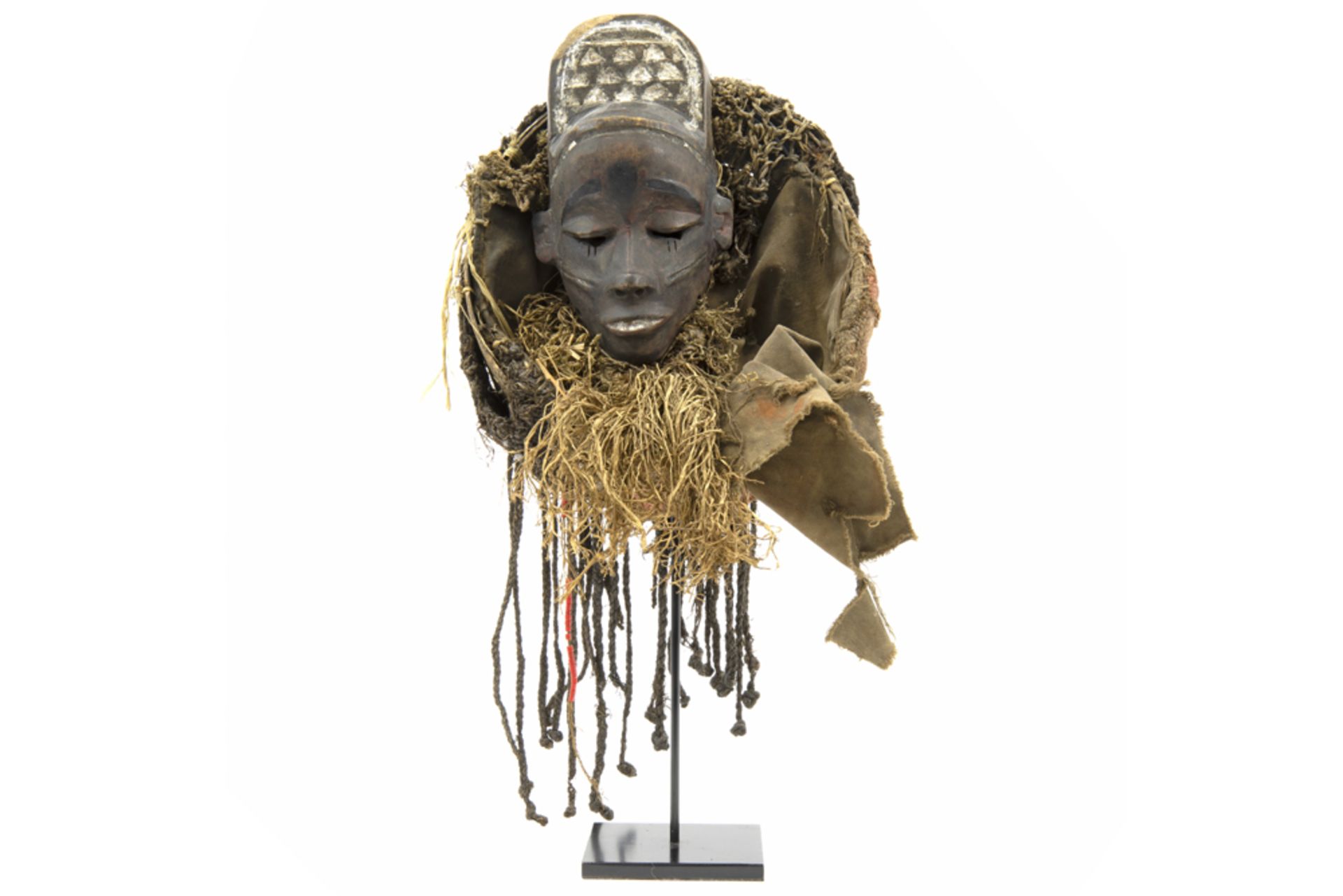 good old Congolese "Pende" forehead mask with headdress in wood and vegetal fibres with