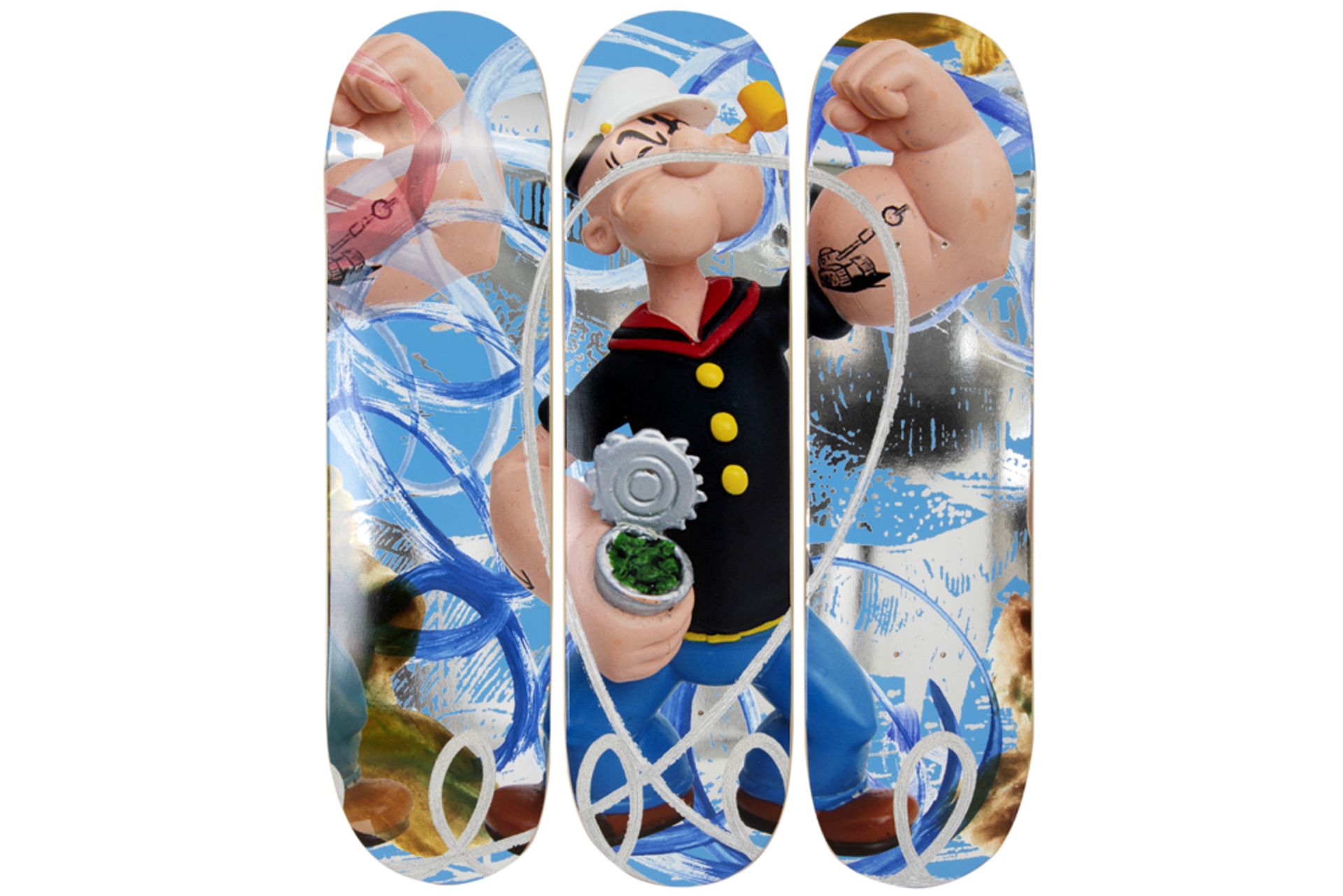 Jeff Koons plate signed "Popeye" triptych on skateboards dd 2021, an edition of 500 ex. with