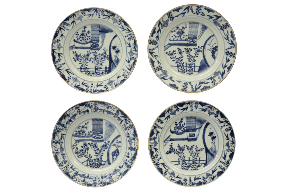 series of four 18th Cent. Chinese dishes in porcelain with blue-white garden decor || Reeks van vier