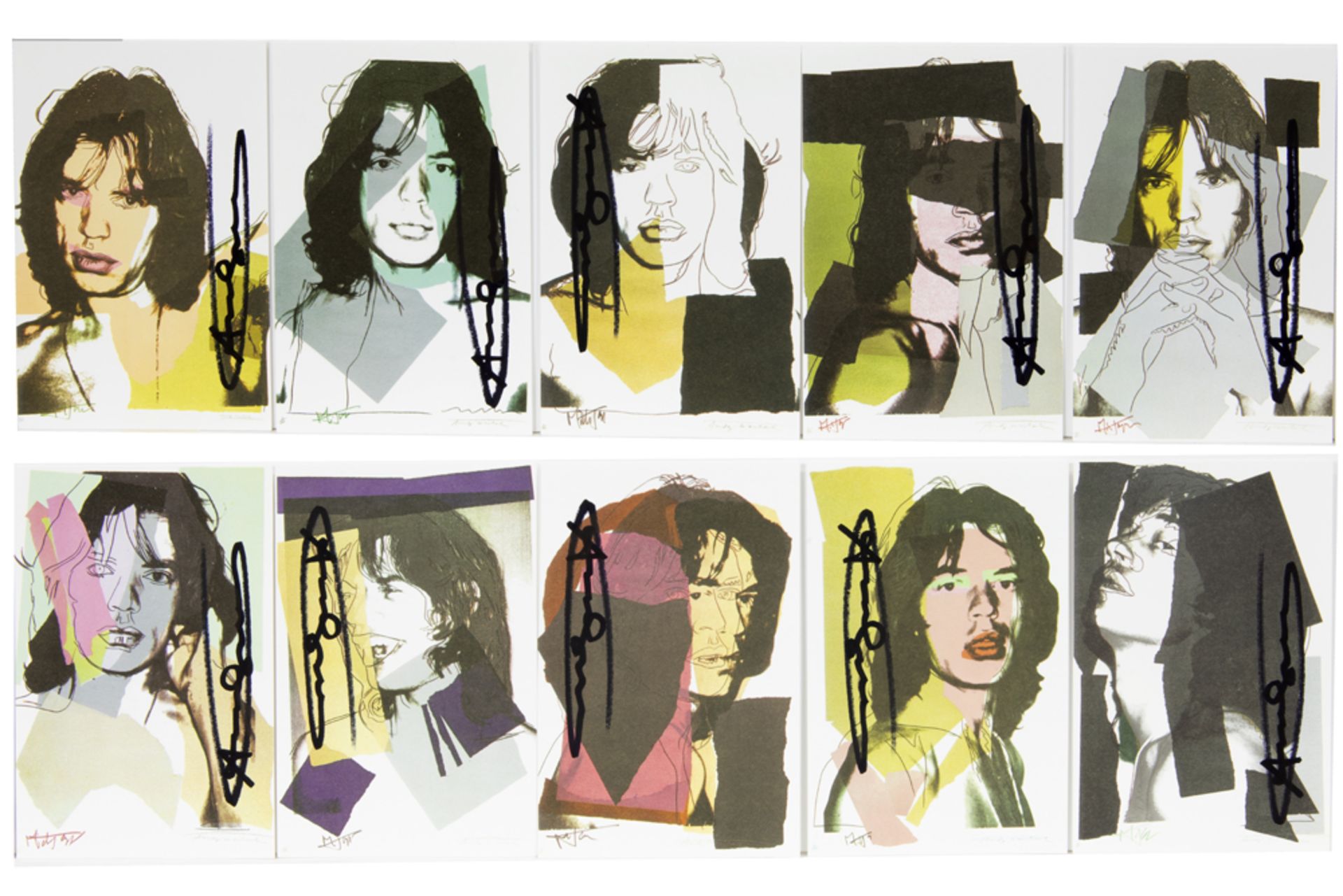 portfolio with a series of ten Andy Warhol signed silkscreens, each with a portrait of Mick