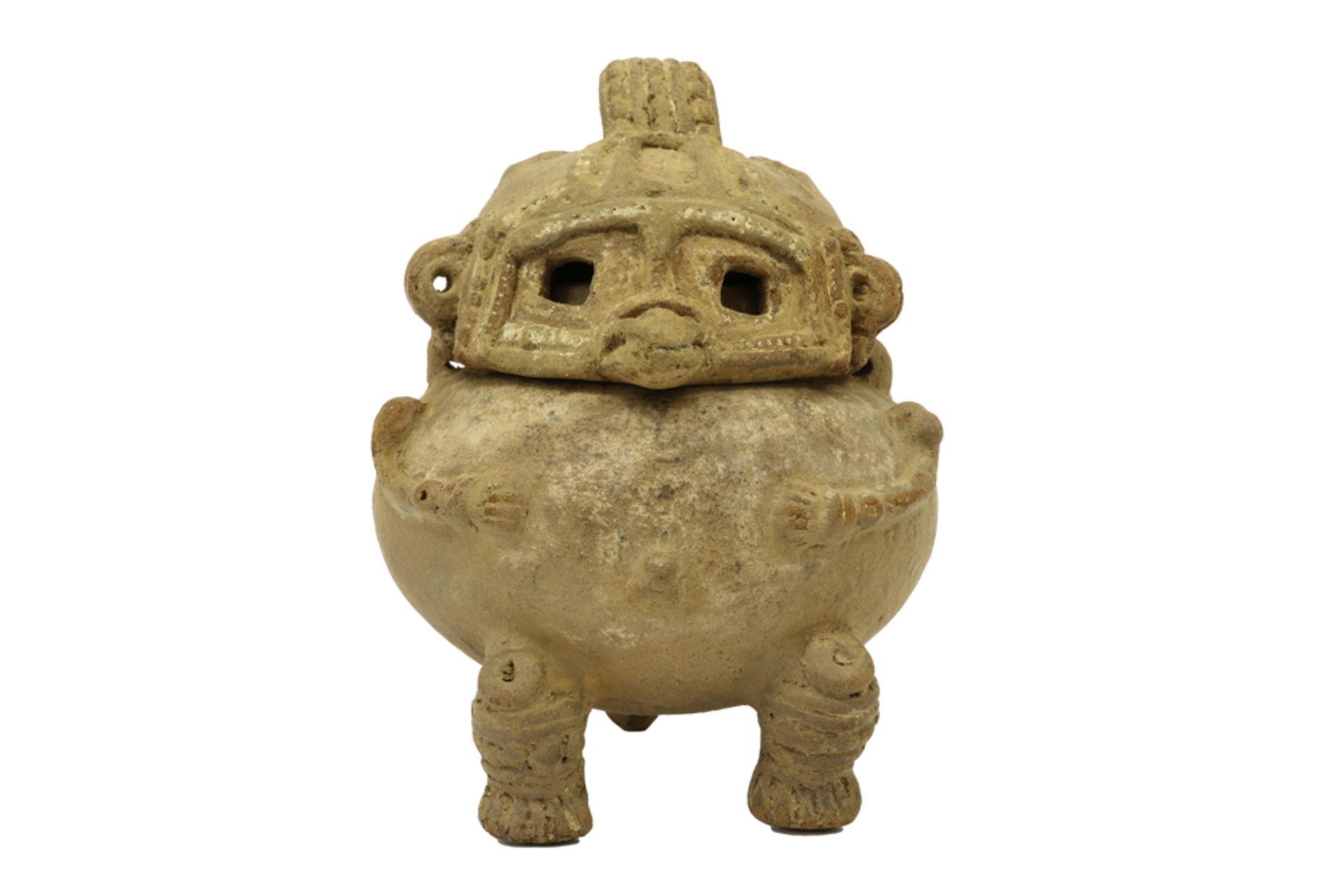 Costa Rican Nicoya Culture ceramic recipient in the shape of a figure with (detachable) bird's hat