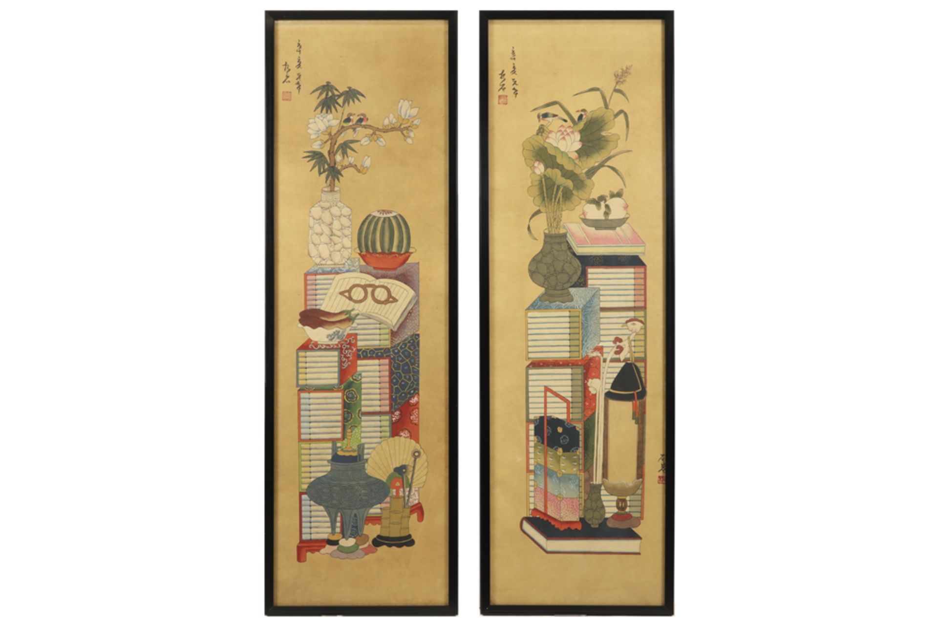 pair of Chinese "Still life" paintings || Paar Chinese schilderingen met stilleven - telkens : 140 x