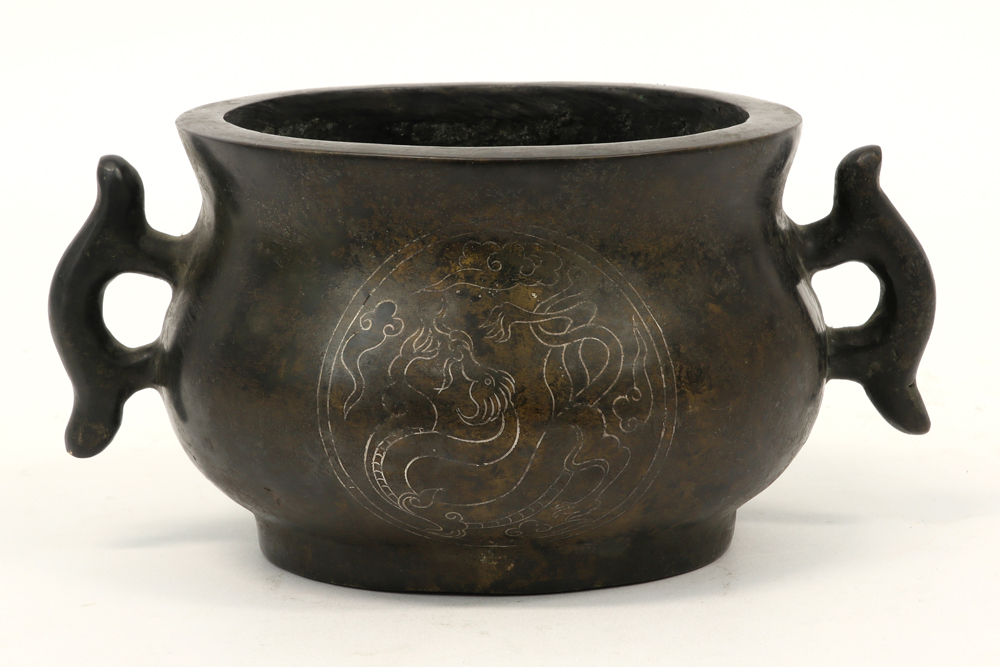 marked Chinese incense burner in bronze with silver inlay || Gemerkte Chinese wierookbrander in - Image 3 of 6