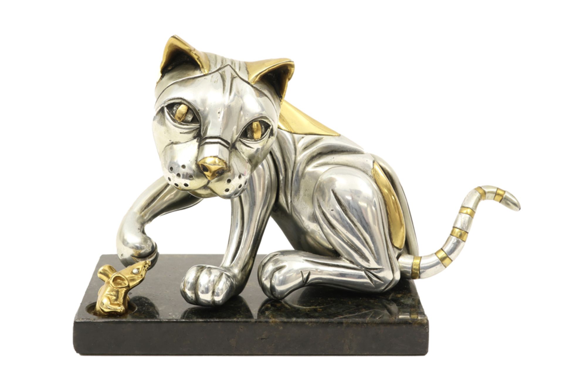 Frank Meisler signed "Cat and Mouse" sculpture in metal on marble base || MEISLER FRANK (1929 -