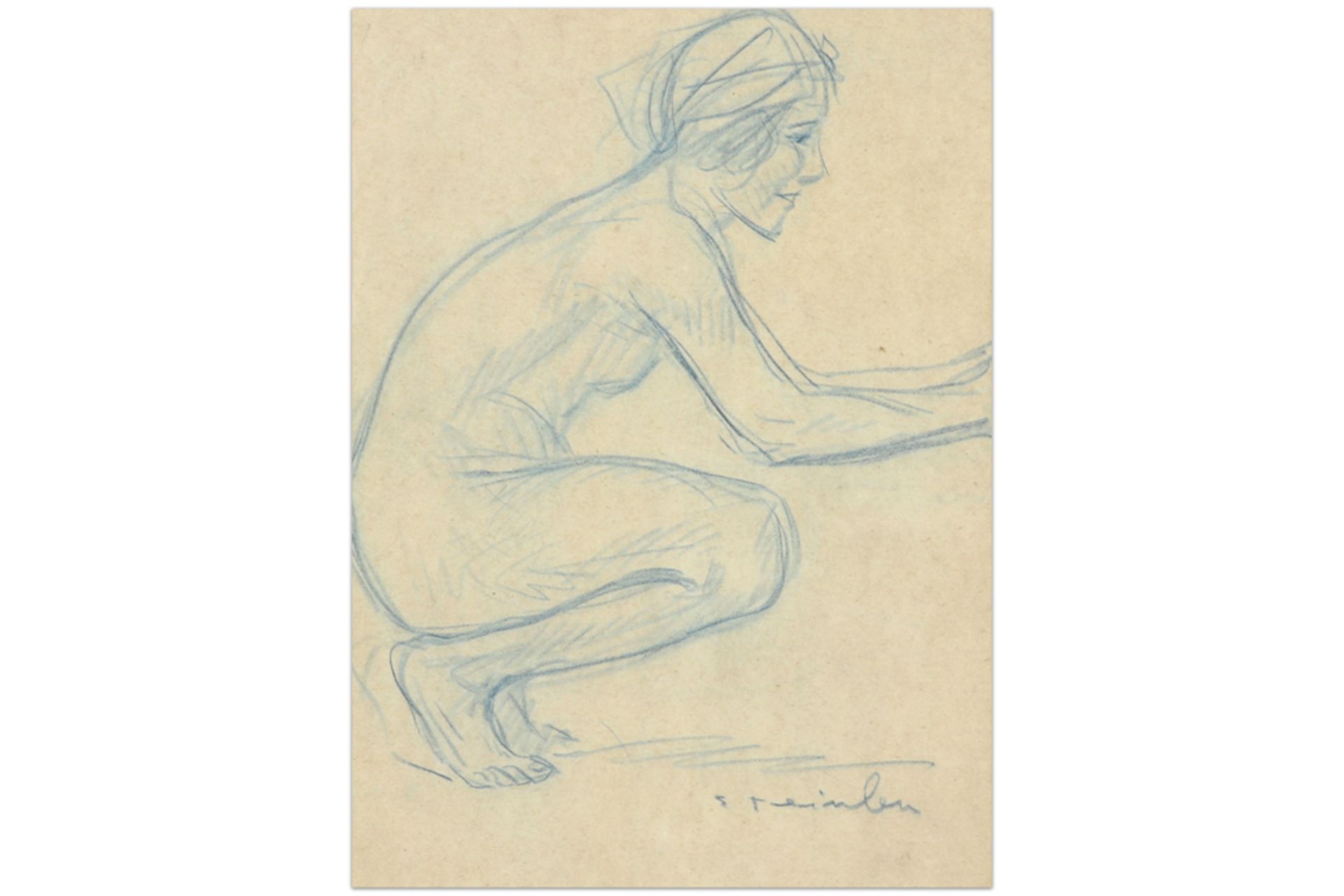 19th/20th Cent. blue pencil drawing- signed Th. Al. Steinlen || STEINLEN THÉOPHILE ALEXANDRE (1859 -