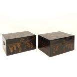 pair of antique Chinese chests in lacquered wood each with a top with a gilded decor with figures ||