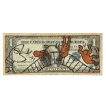 Keith Haring signed and (19)89 dated "One dollar" banknote with drawings on the font and the