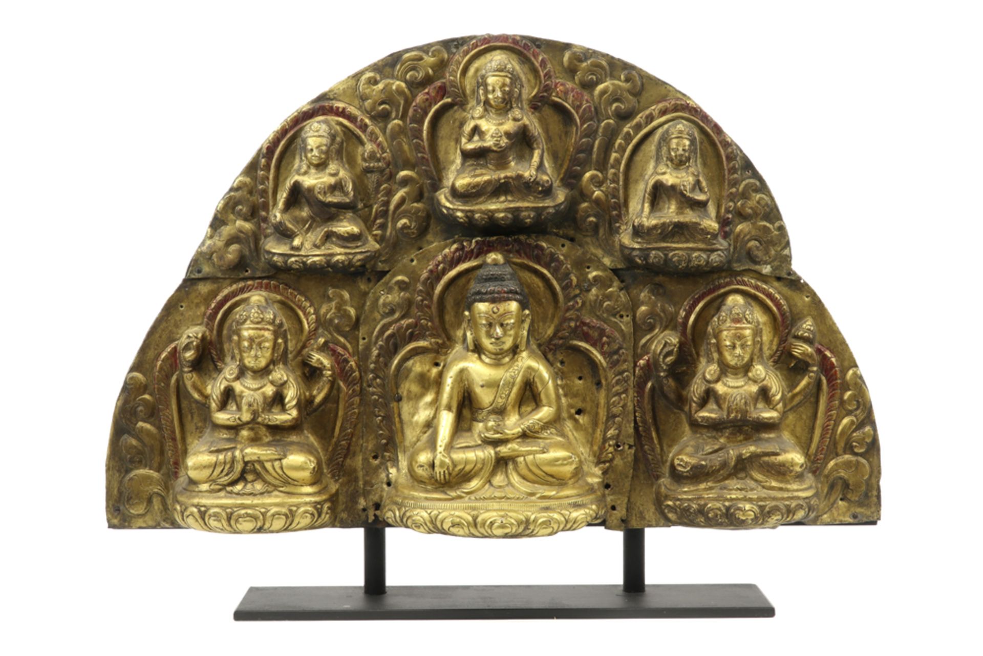 antique Nepalese Malla period "Pariksha" in gilded copper depicting the five Dhyani Buddhas (