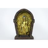 antique Himalayan shrine in wood with remains of the original polychromy and with pewter