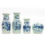 three Chinese vases and a ginger jar in celadon porcelain with blue-white decors || Lot van drie