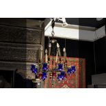 quite special Near East chandelier in brass with blue and red glass (oil)lamps || Speciale 'antieke'