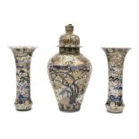 antique imposing 3pc garniture in porcelain with a fine Imari decor : a pair of vases and a vase