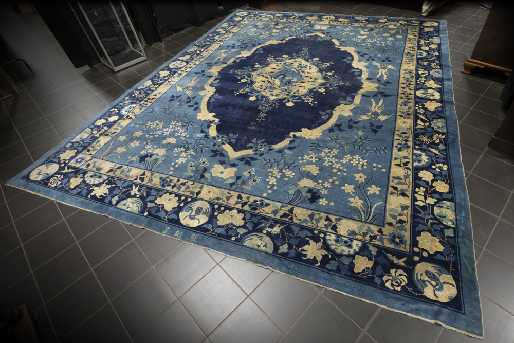 good, antique Chinese "Dun Ji Yan" signed rug with a quite traditional design with elaborated