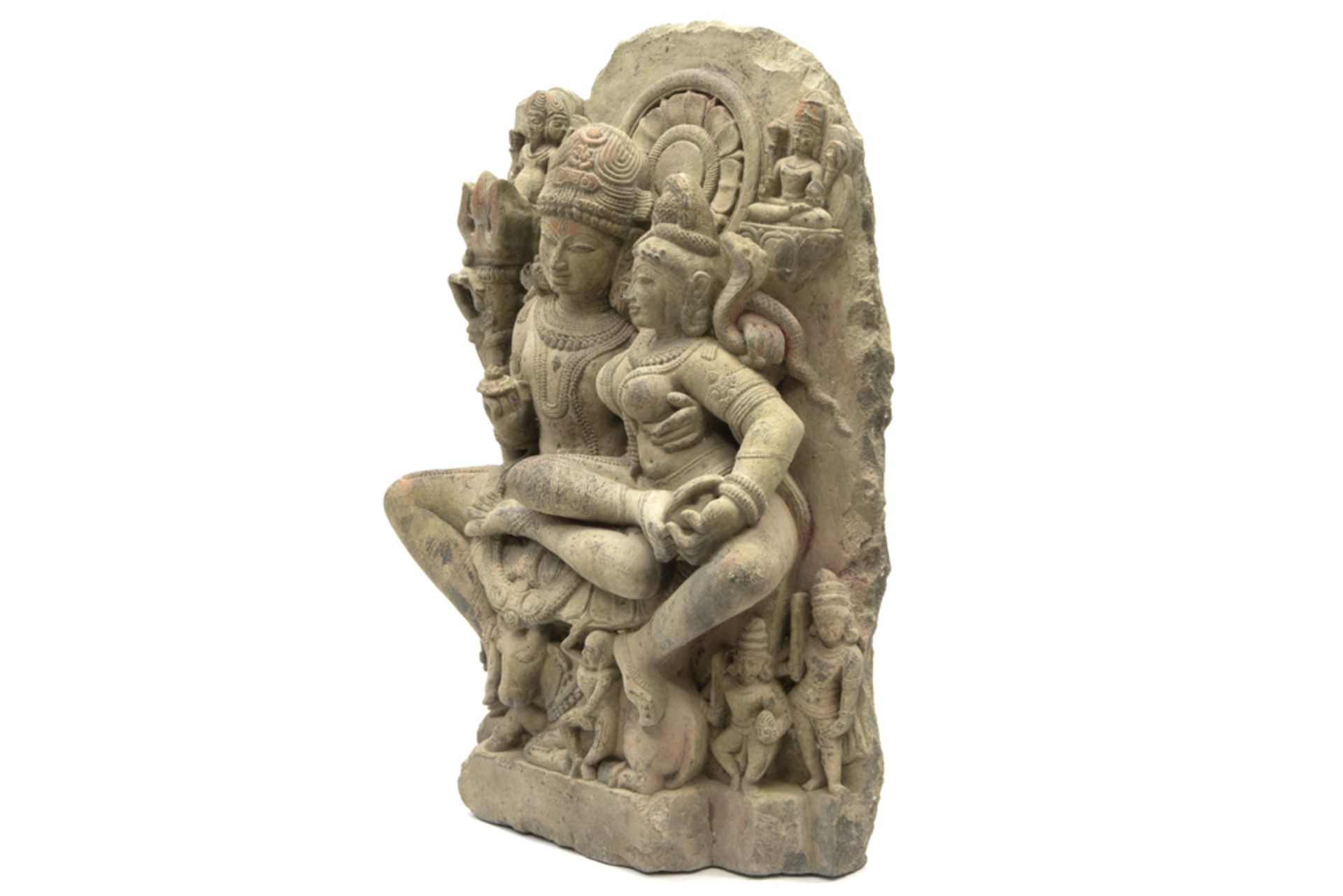 10th/11th Cent. Indian Madhya Pradesh "Shiva and Parvati sitting on Nandi" black stone sculpture ( - Bild 3 aus 4