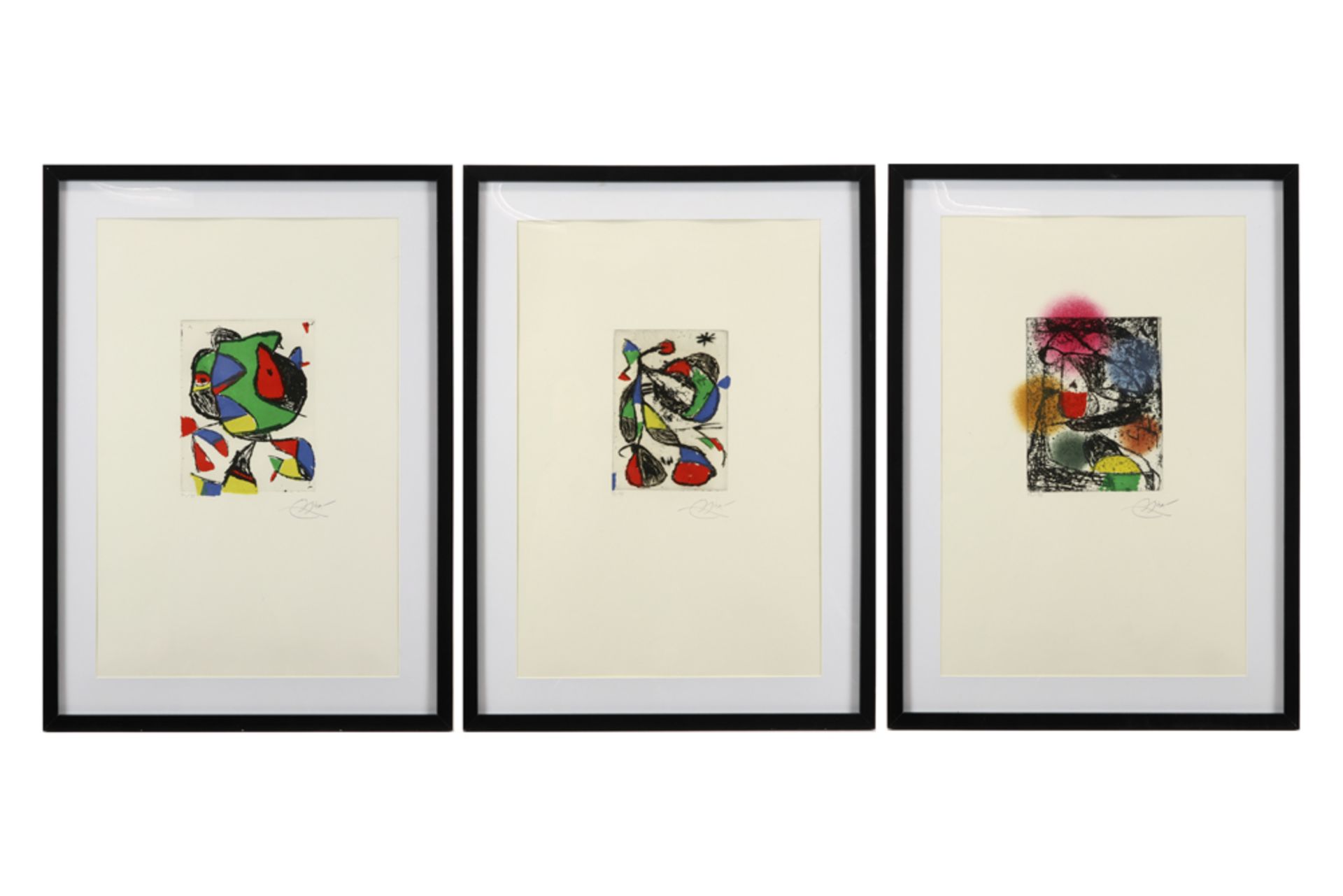 Joan Miro signed triptych "Barb I , II and III " engravings with carburundum in colors (on Emery