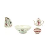 four antique Chinese items in porcelain with a polychrome decor, amongst which a teapot with Wu