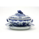 18th Cent. Chinese lidded tureen on its matching dish in porcelain with a blue-white decor with
