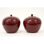 pair of antique Chinese lidded ginger jars in earthenware with "sang de boeuf" glaze || Paar antieke