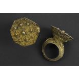 two 'antique' Indonesian Sumatra rings from the Batak with typical design in gilded silver - part of