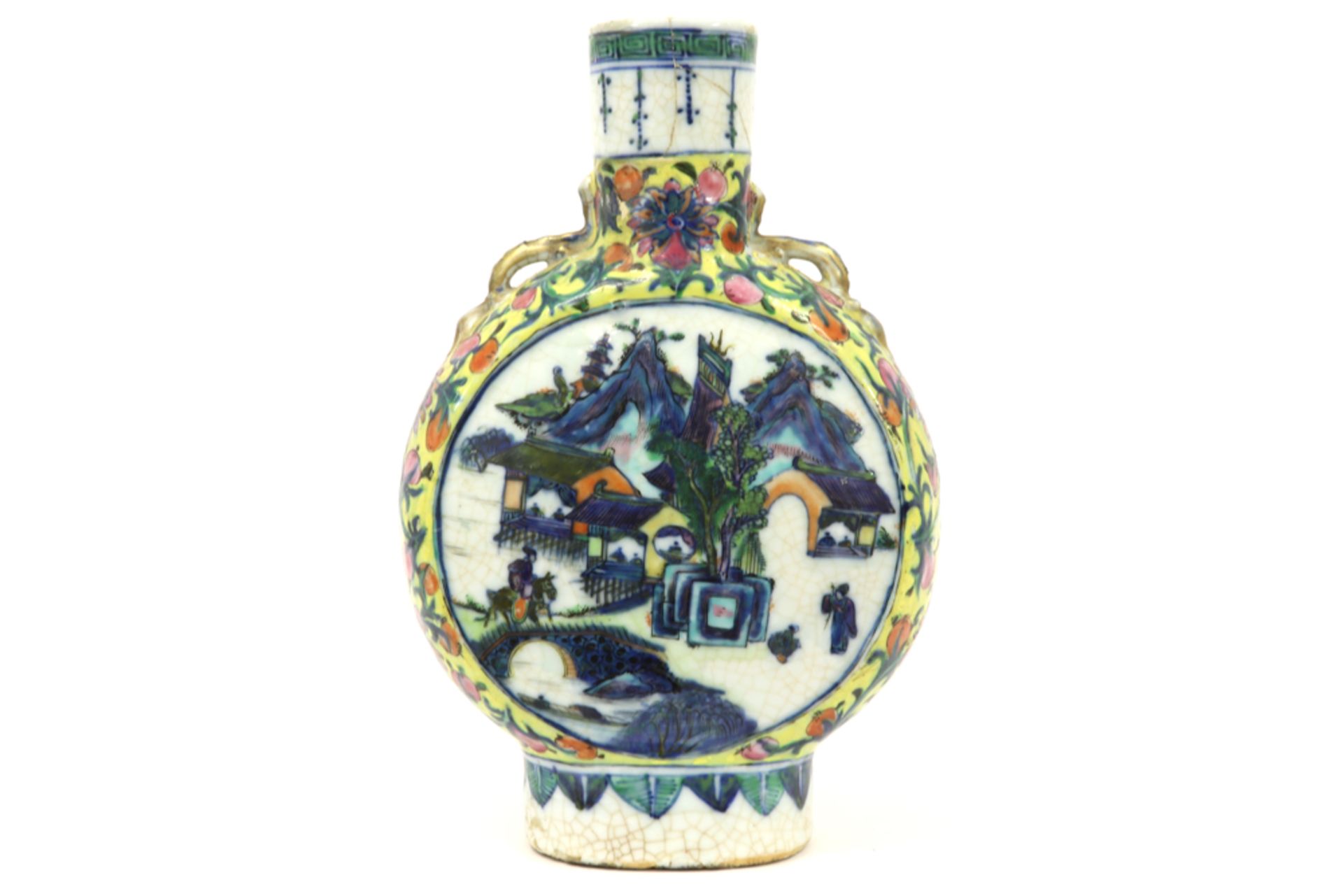 antique Chinese moonflask in porcelain with polychrome decor and with yellow sides with flower decor