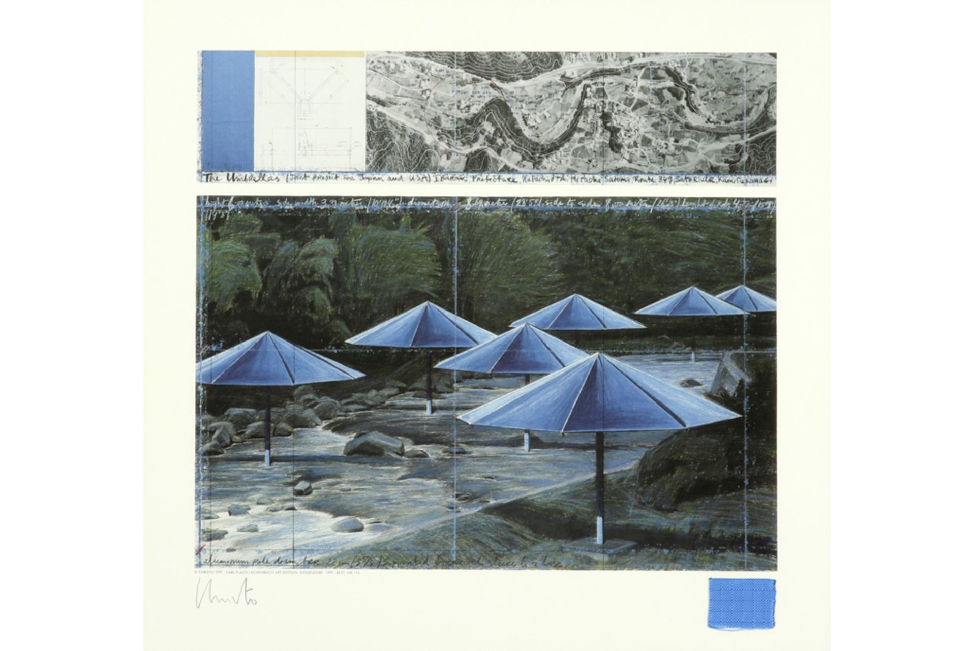 Christo signed screenprint from the series "The Umbrellas" with a piece of fabric edition dd 1991 by