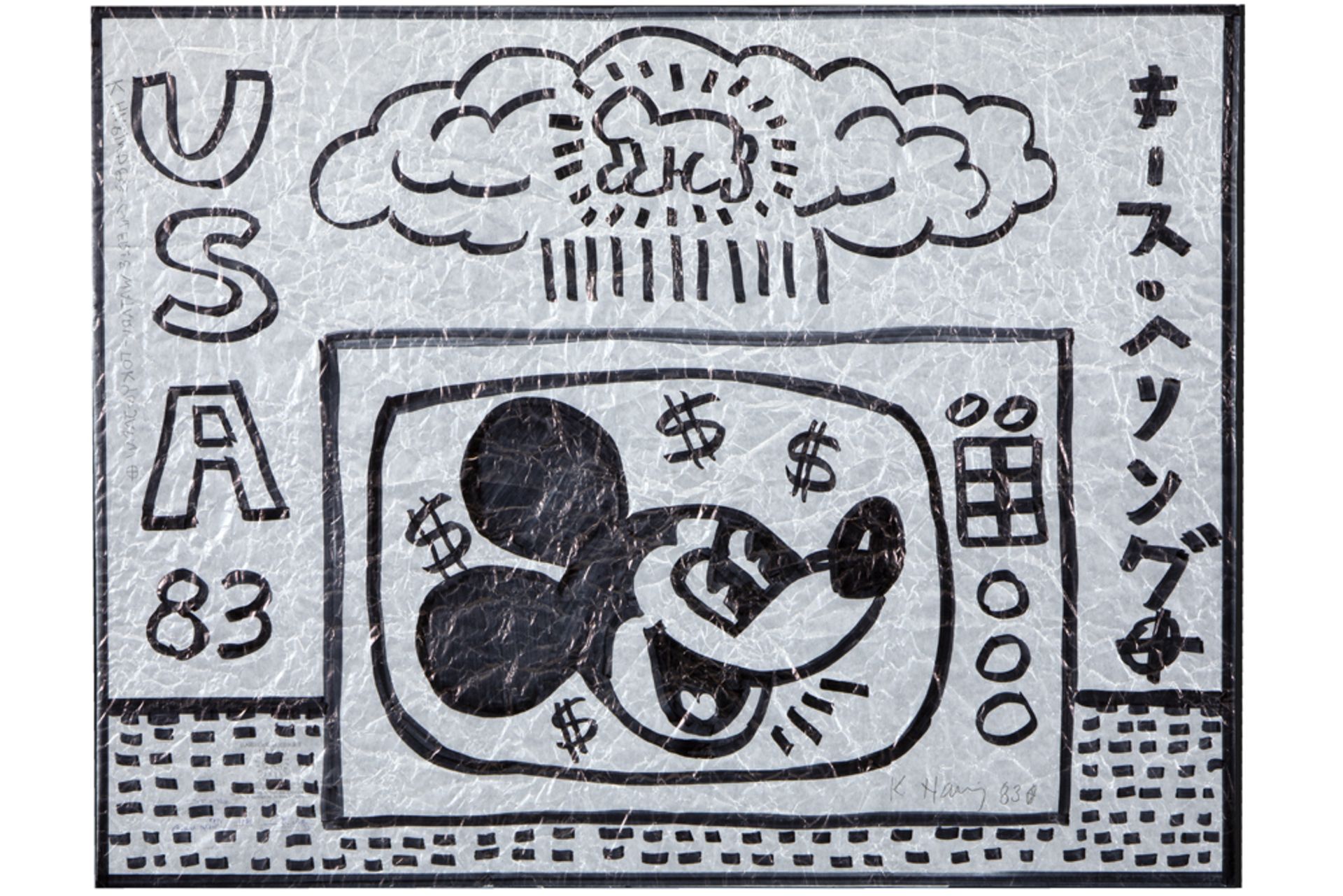 quite large Keith Haring signed and (19)83 signed "Tokyo Mickey" drawing on paper with the