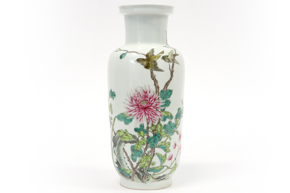 Chinese vase in porcelain (with a Kang Hsi mark) with a polychrome floral decor with birds ||