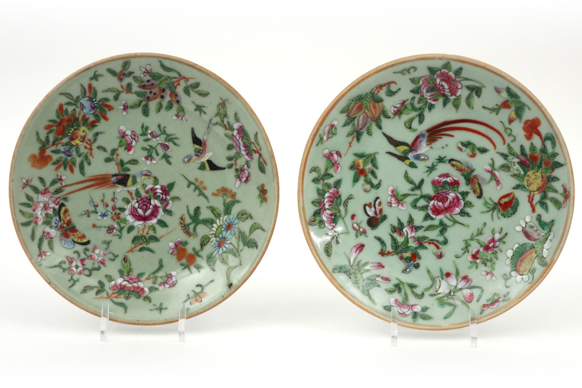 pair of 19th Cent. Chinese plates in celadon porcelain with a 'Famille Rose' decor || Paar