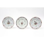 three 18th Cent. Chinese plates in porcelain with a polychrome flower decor || Drie achttiende