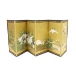 Japanese screen with six panels with painted decor with crane birds || Japanse paravent met zes