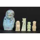 three Ancient Egyptian Ptolemaic period amulets and a ushabti fragment in glazed earthenware ||