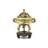 old Chinese Republic Pariod incense burner with openwork lid with bird decor and on three branch-