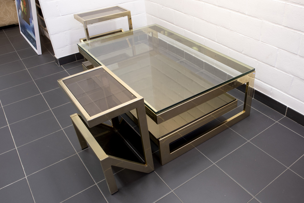 eighties' design Belgochrome set in glass and gilded metal with a pair of fancy table (each with - Image 2 of 4