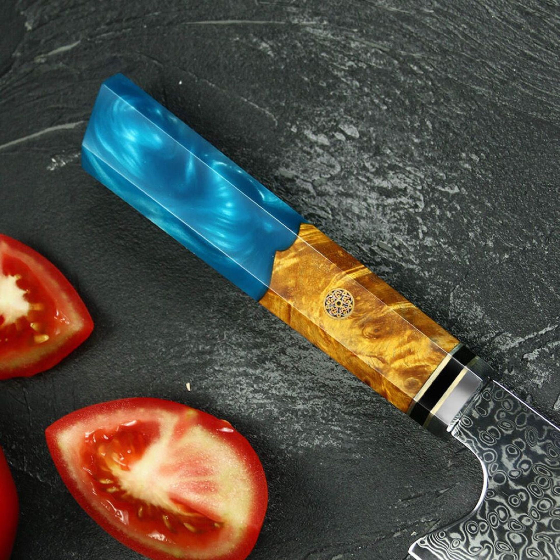 10 x Damascus Japanese Steel Knife with Coloured Blue resin handle - Bild 3 aus 4