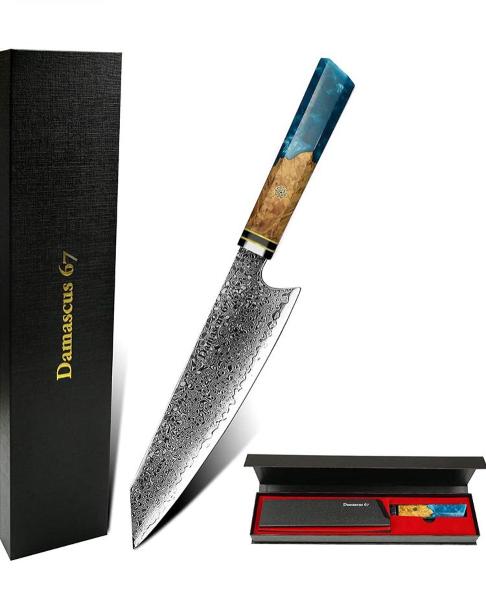 10 x Damascus Japanese Steel Knife with Coloured Blue resin handle - Bild 4 aus 4
