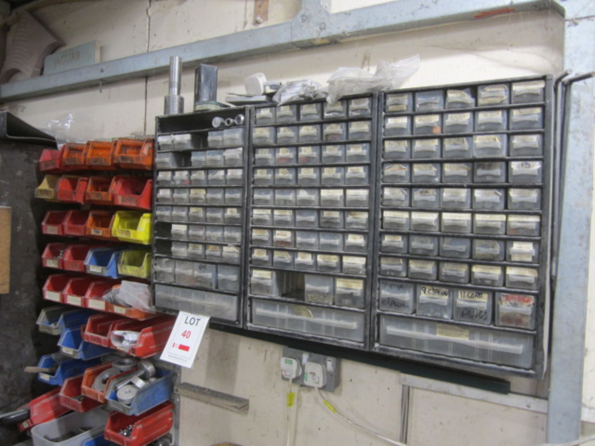 Various wall mounted storage bins, 1 x multi drawer unit with contents including screws, nuts,